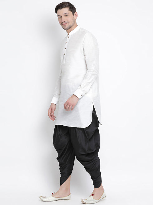 Vastramay Vastramay Men's White Silk Blend Curved Kurta Dhoti Set